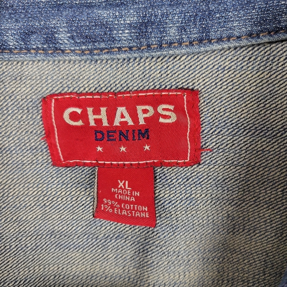 Y2K Vintage RL CHAPS Button Front Denim Jean Jacket Pleated Crest Chore Pockets - Picture 4 of 7